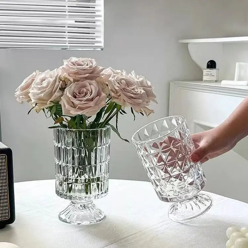 Embossed Vase Glass Crystal Net Red French High-Quality Flowers Water Rose Table Decoration Living Room Flower Arrangement