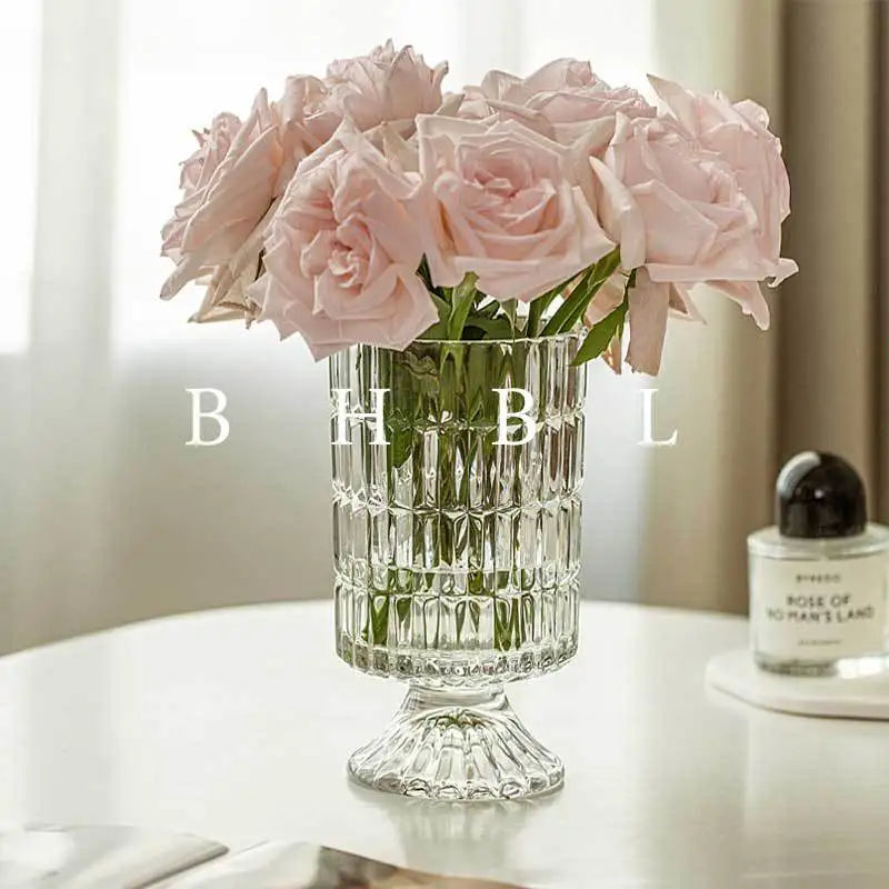 Embossed Vase Glass Crystal Net Red French High-Quality Flowers Water Rose Table Decoration Living Room Flower Arrangement